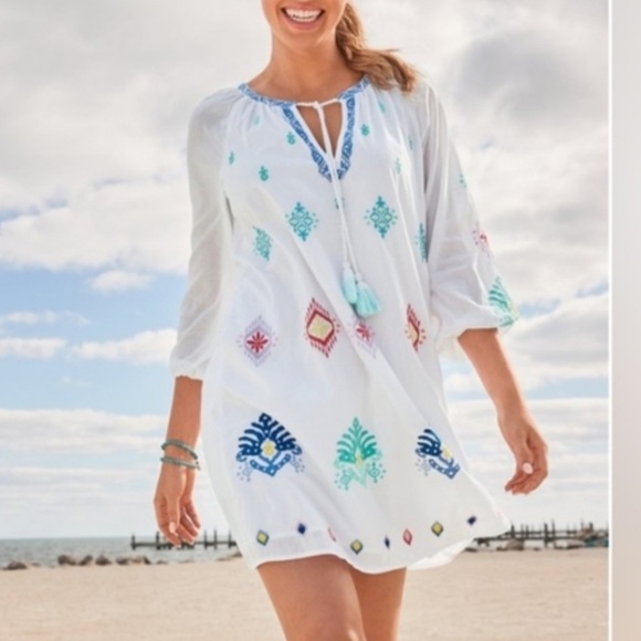 Tommy Bahama Dresses & Skirts - Tommy Bahama Watercolor Cotton-Voile Embroidered Split Neck Dress Resort Beach
